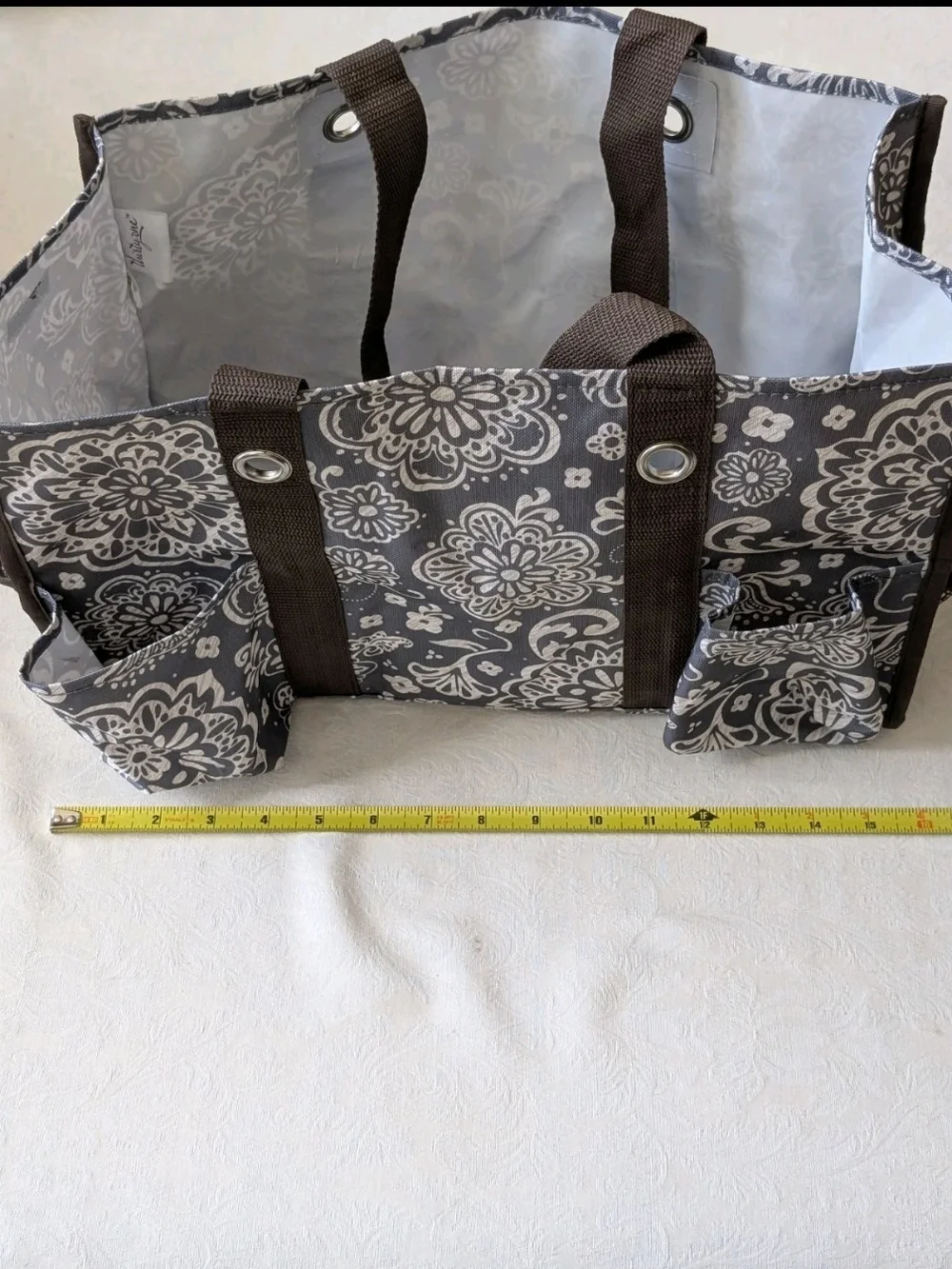 Thirty-One Floral Storage Basket Gray Rectangular Foldable With Handles 15x10x8